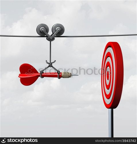Success hitting target as a business assistance concept with the help of a guide as a symbol for goal achievement management and aim to hit the bull&rsquo;s eye as a dart assured to go straight towards the center.