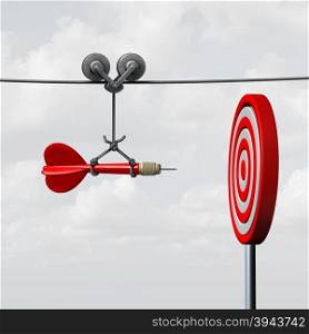 Success hitting target as a business assistance concept with the help of a guide as a symbol for goal achievement management and aim to hit the bull&rsquo;s eye as a dart assured to go straight towards the center.