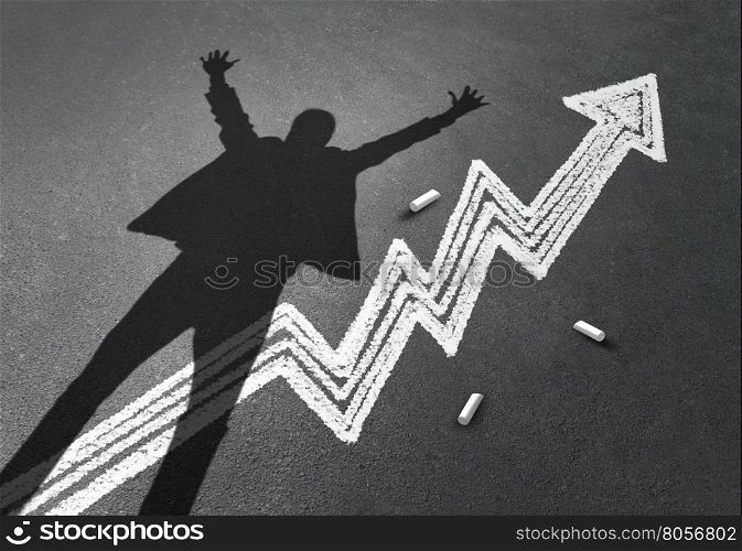 Success in business concept as the cast shadow of a happy businessman with arms raised high celebrating over a wealth and profits chalk drawing of a financial chart in a 3D illustration style.