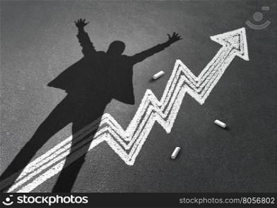 Success in business concept as the cast shadow of a happy businessman with arms raised high celebrating over a wealth and profits chalk drawing of a financial chart in a 3D illustration style.