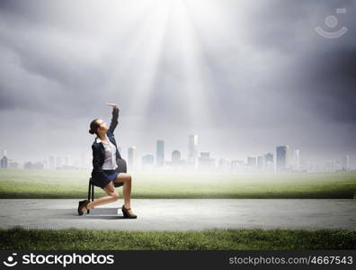 Success in business. Image of businesswoman sitting on chair under sun lights