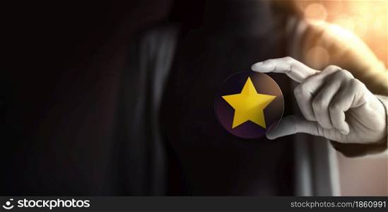 Success in Business or Personal Talent Concept. Young Employee Woman Holding a Golden Star
