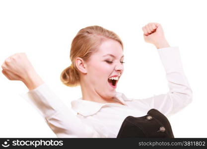 Success in business work. Young businesswoman happy girl celebrating promotion in her job isolated on white.