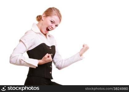Success in business work. Young businesswoman happy girl celebrating promotion in her job isolated on white.