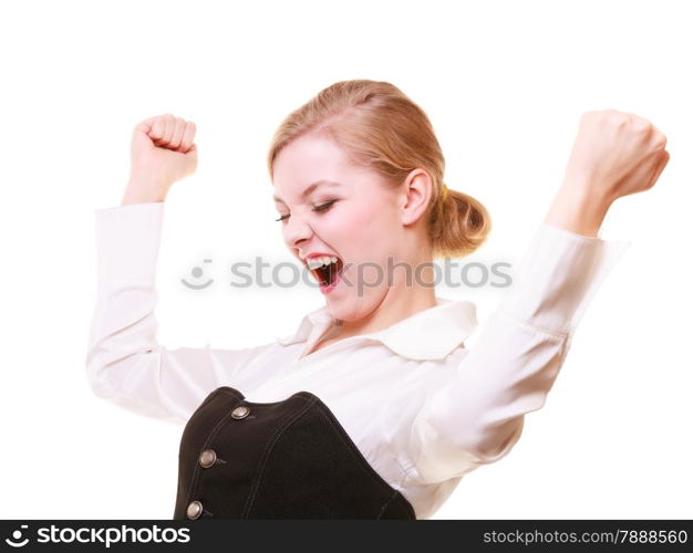 Success in business work. Young businesswoman happy girl celebrating promotion in her job isolated on white.