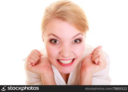 Success in business work. Young businesswoman happy girl celebrating promotion in her job isolated on white.