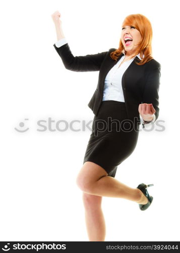 Success in business work. Young businesswoman happy girl winner shouting for joy, celebrating promotion in her job isolated on white.