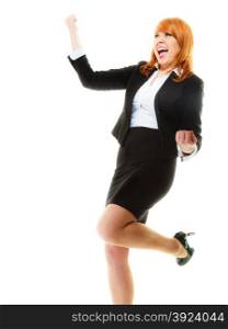 Success in business work. Young businesswoman happy girl winner shouting for joy, celebrating promotion in her job isolated on white.