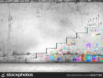 Success ladder. Background image of ladder of success drawn on wall