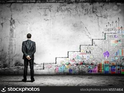 Success ladder. Image of businessman with suitcase. Promotion concept