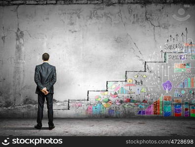 Success ladder. Image of businessman with suitcase. Promotion concept