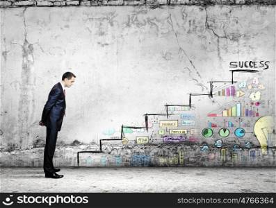 Success ladder. Image of businessman with suitcase. Promotion concept