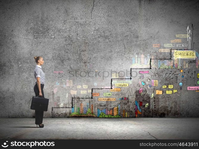 Success ladder. Image of businesswoman with suitcase. Promotion concept