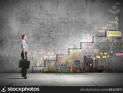 Success ladder. Image of businesswoman with suitcase. Promotion concept