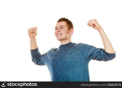 Success positive emotions. Happy young man successful lad with arms up looking upwards isolated on white background