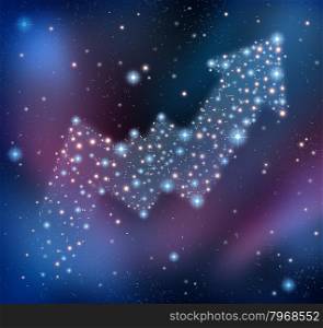 Success predictions as a night sky with a group of stars and planets as a bright space constellation in the shape of an upward market chart graph arrow.