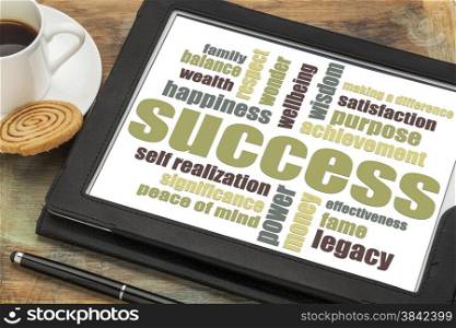 success word cloud on a digital tablet with a cup of coffee