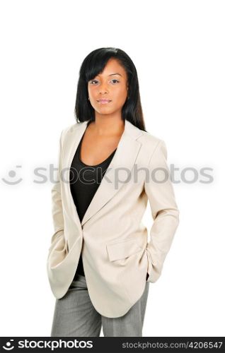 Successful black businesswoman standing isolated on white background