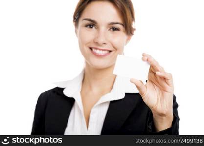 Successful busi≠sswoman holding  a busi≠ss card, isolated over a white background. Busi≠ss woman