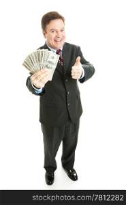 Successful businesman holding a wad of cash in hundred dollar bills. Full body isolated on white.