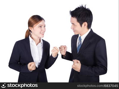 Successful business man and woman with arm raised isolated on white background