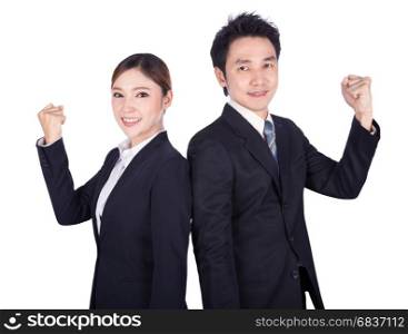 Successful business man and woman with arm raised isolated on white background