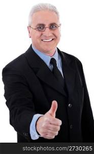 Successful business man shows ok sign on isolated background
