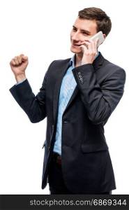 Successful business on the phone, businessman in a suit talking on the phone with a partner on a white background