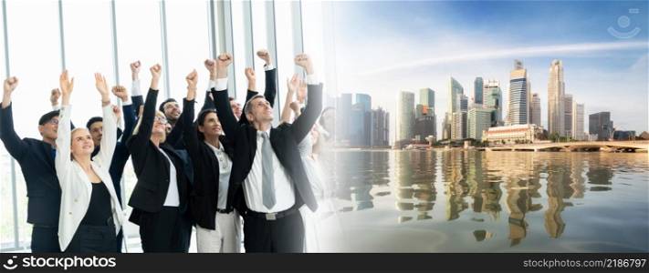 Successful business people standing together widen out showing strong relationship of worker community. A team of businessman and businesswoman expressing a strong group teamwork at the modern office.. Successful business people standing together widen out