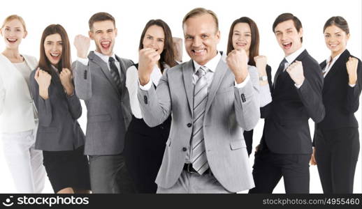 Successful business people team. Successful excited business people group team standing together and holding fist ok yes gesture isolated over white background