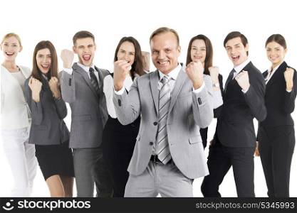 Successful business people team. Successful excited business people group team standing together and holding fist ok yes gesture isolated over white background