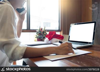 successful Business people wearing Santa hat celebrating 2019 New Year Christmas presents at office party, having great time