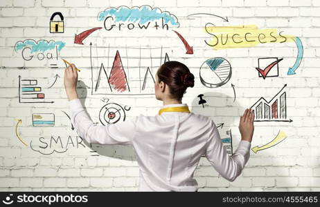 Successful business strategy plan. Businesswoman standing with back drawing business ideas on wall