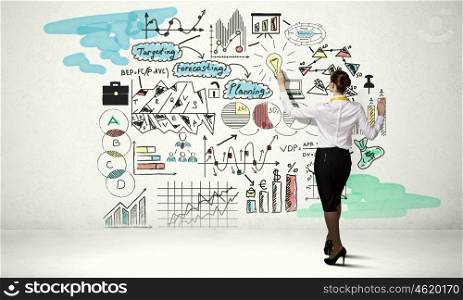 Successful business strategy plan. Businesswoman standing with back drawing business ideas on wall