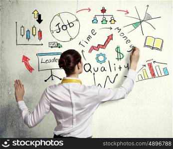 Successful business strategy plan. Businesswoman standing with back drawing business ideas on wall