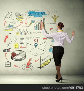 Successful business strategy plan. Businesswoman standing with back drawing business ideas on wall