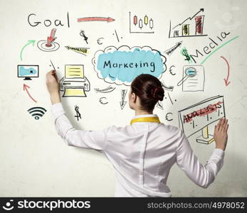 Successful business strategy plan. Businesswoman standing with back drawing business ideas on wall