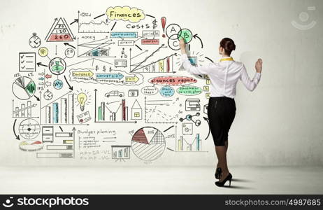 Successful business strategy plan. Businesswoman standing with back drawing business ideas on wall