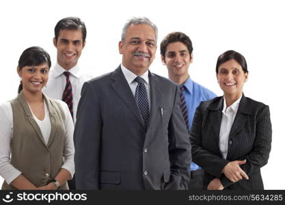 Successful business team smiling together on white background