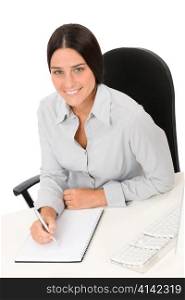 Successful business woman at office thinking sitting table write notepad