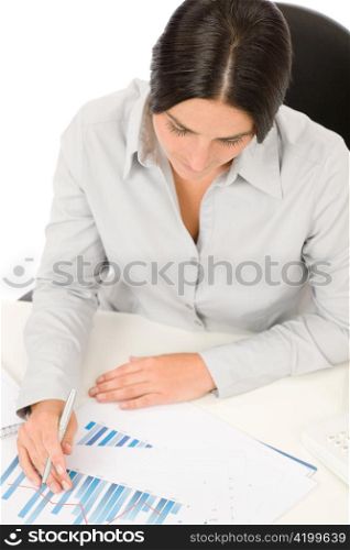 Successful business woman at office thinking working on charts