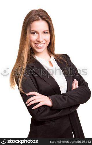 Successful business woman looking confident and smiling over white background&#xA;&#xA;