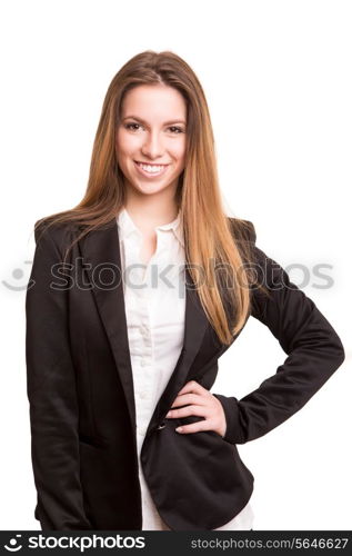 Successful business woman looking confident and smiling over white background&#xA;&#xA;