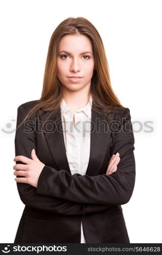 Successful business woman looking confident and smiling over white background&#xA;&#xA;