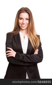 Successful business woman looking confident and smiling over white background&#xA;&#xA;