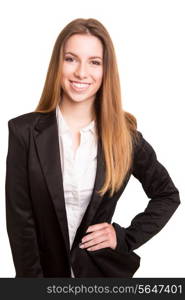 Successful business woman looking confident and smiling over white background&#xA;&#xA;