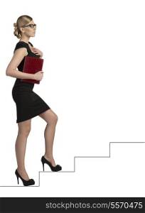 Successful business woman walking on ladder with organizer and glasses, wearing elegant dark dress. &#xA;