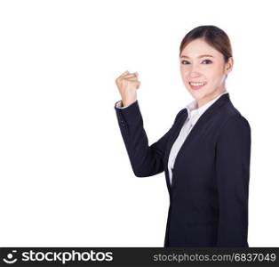 Successful business woman with arm raised isolated on white background