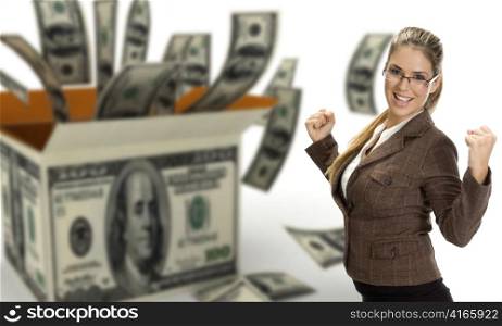 successful businesswoman wearing eyeglasses near box of currencies