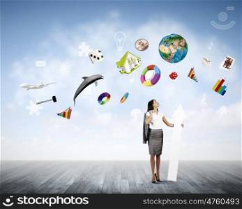 Successful businesswoman. Young businesswoman in suit with increasing arrow in hand. Elements of this image are furnished by NASA